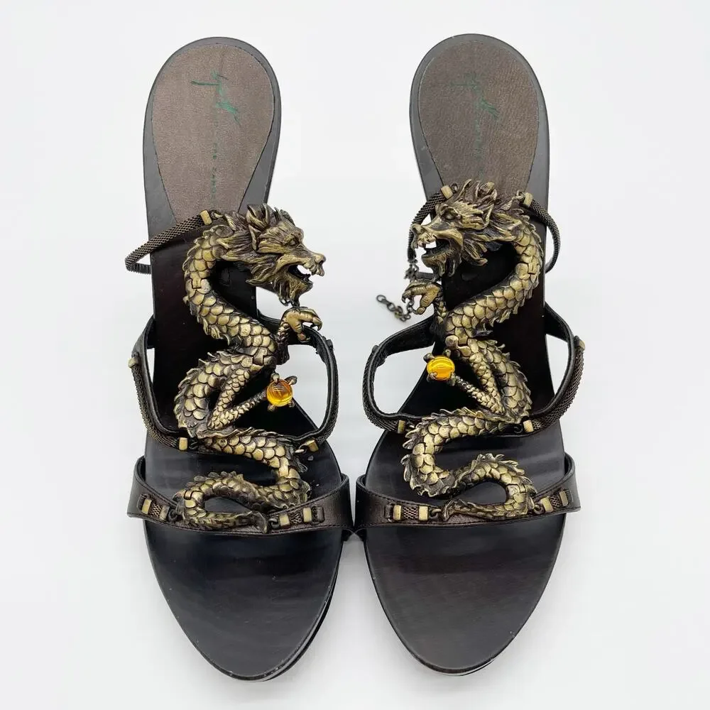 Giuseppe Zanotti Vicini Vintage Dragon Embellished Leather Heeled Sandals IT 36